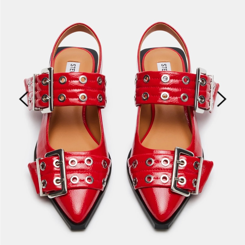 Red graya buckle flats